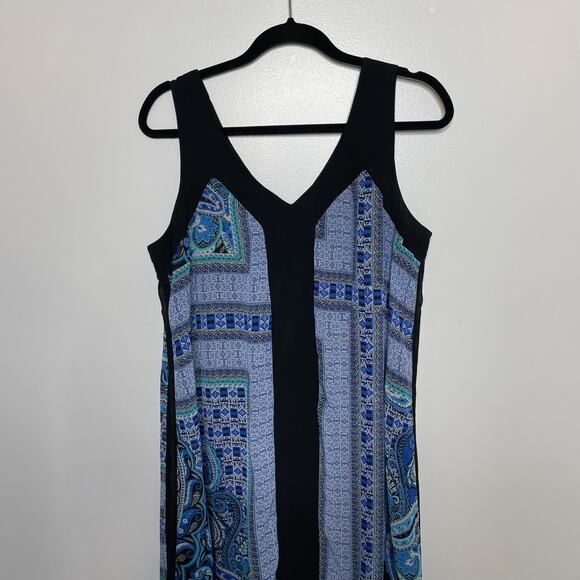 Paisley Midi Sz L Tank Dress Blue Black Handkerchief Hem Beach Boho Geometric - Picture 3 of 10